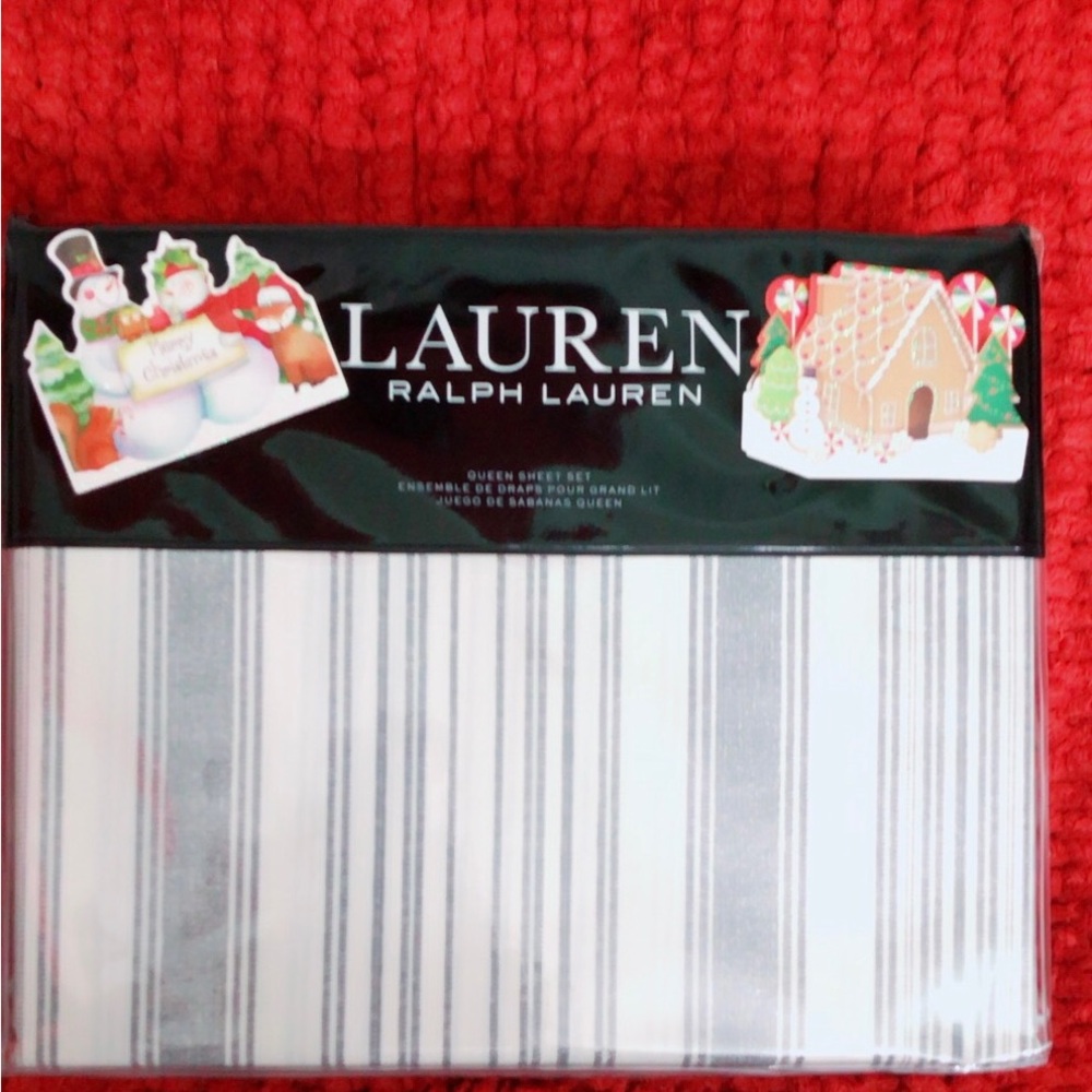 Ralph Lauren 4 Piece Queen Sheet Set White and Gray Stripe 100% Cotton